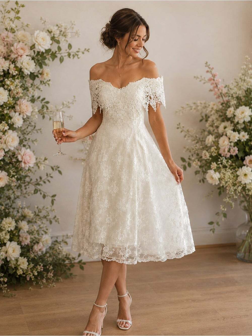 Vintage 80's/90' Ivory Lace Bridal Dress Off Shoulder Wedding Party Dress Medium